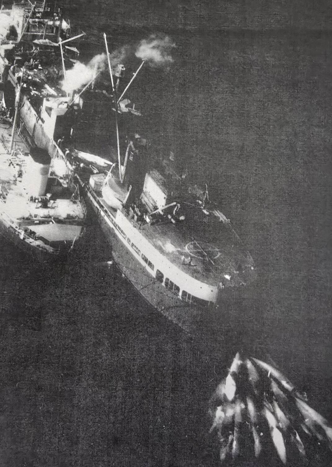 A factory ship photographed from above with whale carcasses strung alongside