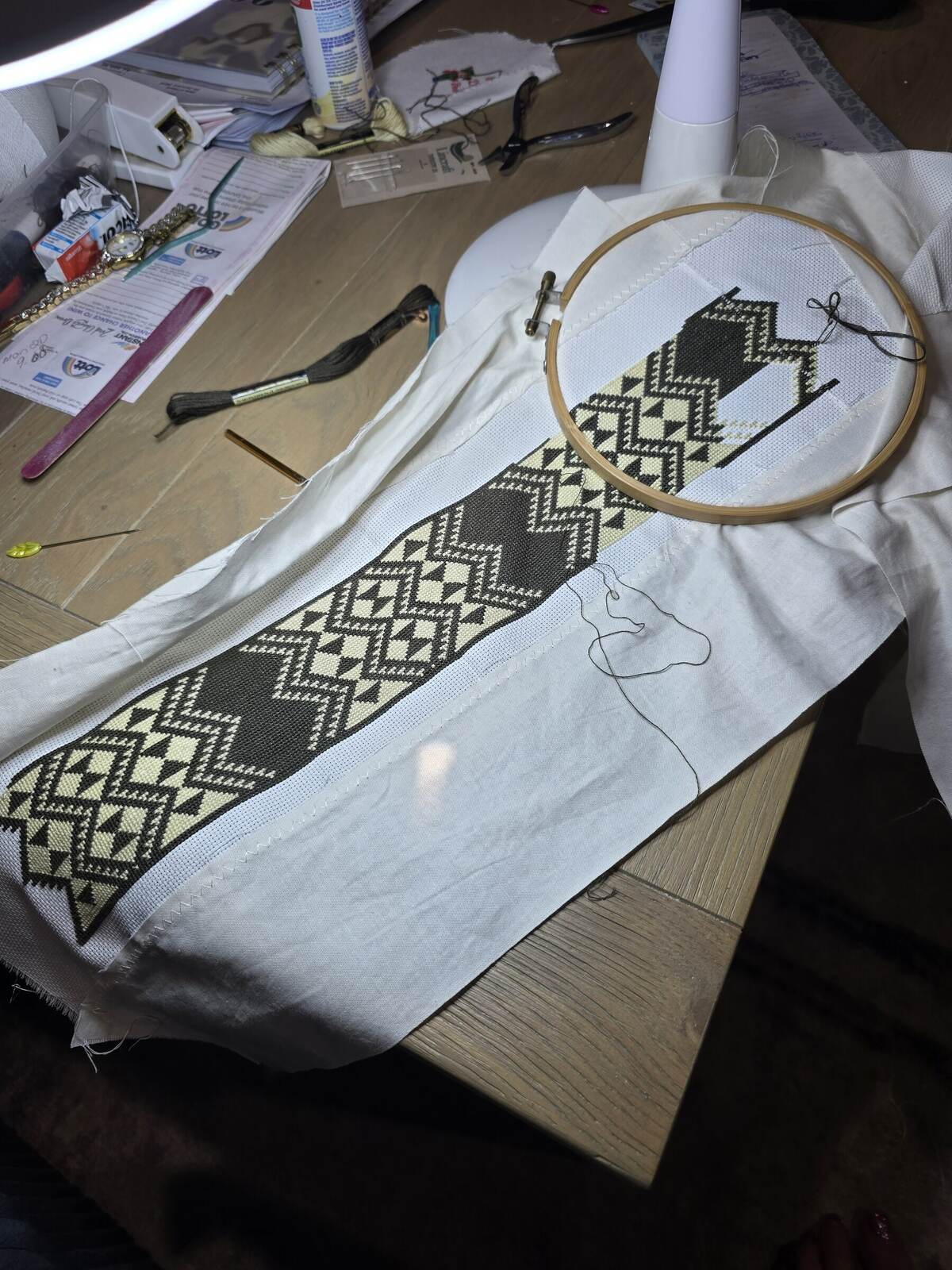 Karen&rsquo;s cross stitch of the panel part finished in a bamboo hoop