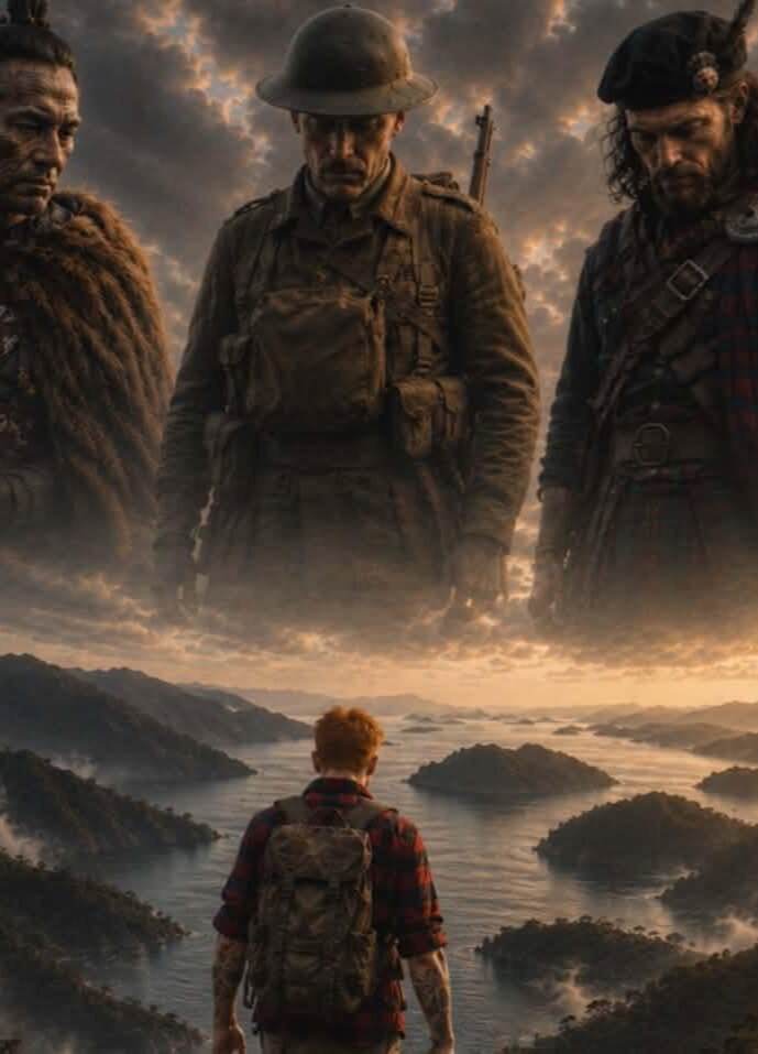 Steven's picture. Three ancestors standing above a harbour at sunset, and a man with a pack walking down towards the water.