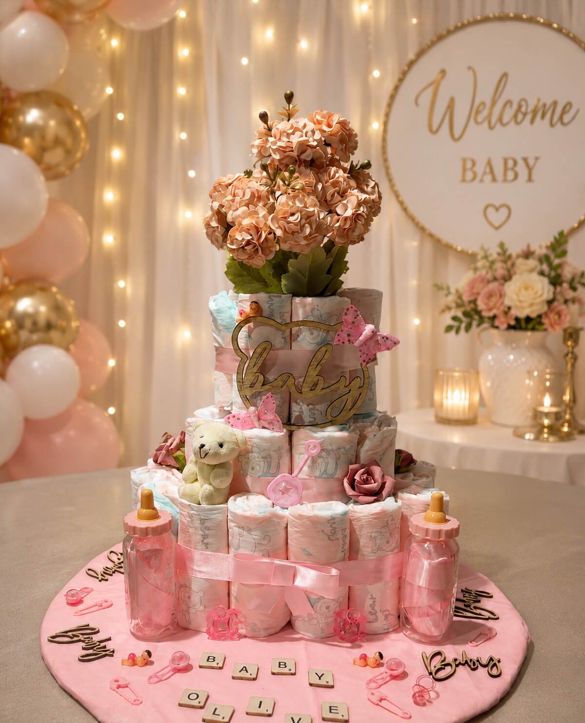 Personalised nappy cake with a name spelled in wooden tiles and butterflies
