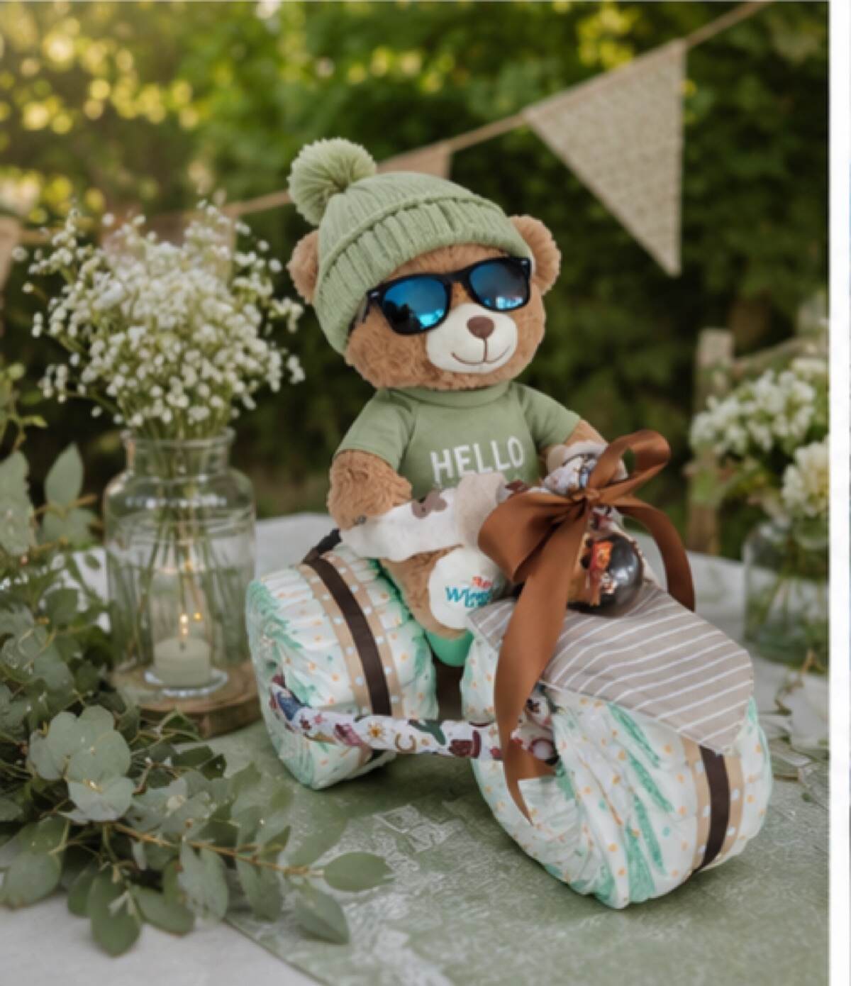 Nappy trike in sage and cream, a teddy in a sage beanie riding a tricycle built from rolled nappies