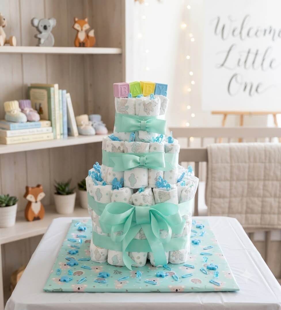 Mint and white three tier nappy cake with baby blocks and a koala board
