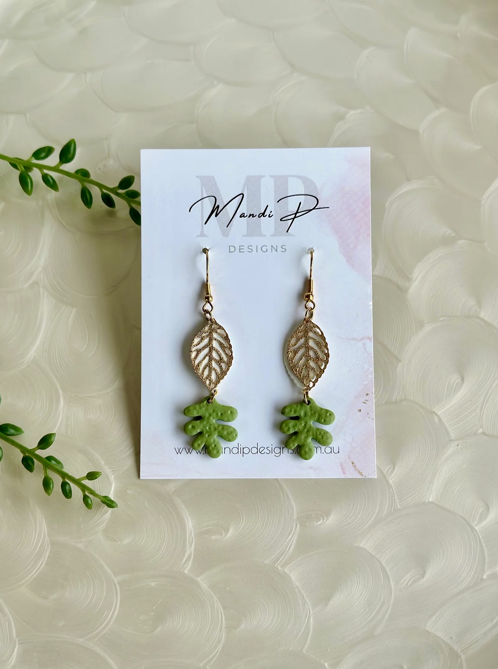 Succulent RicRak Leaf dangle earrings by Mandi P Designs