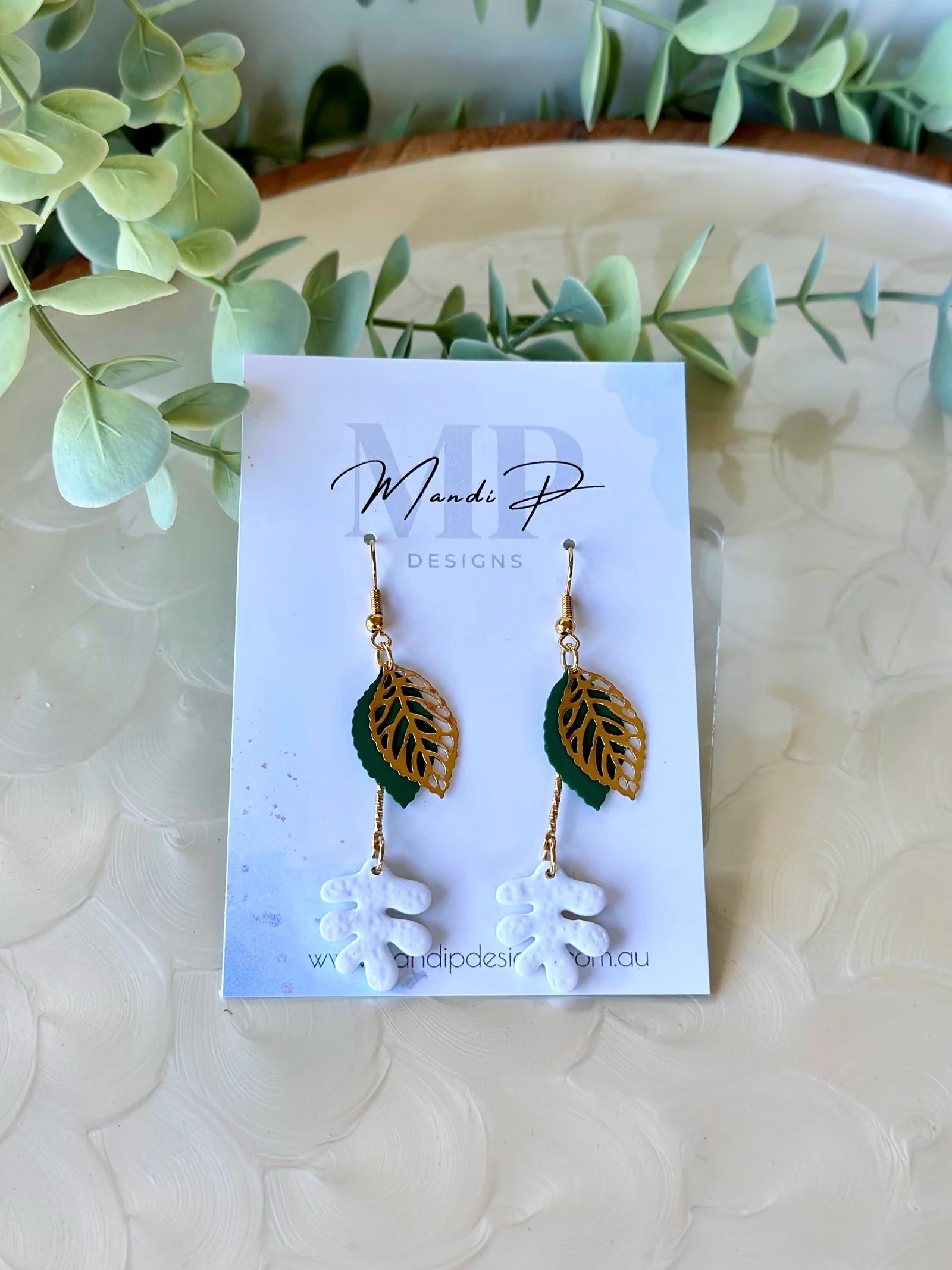 Snowy RicRak Leaf dangle earrings by Mandi P Designs