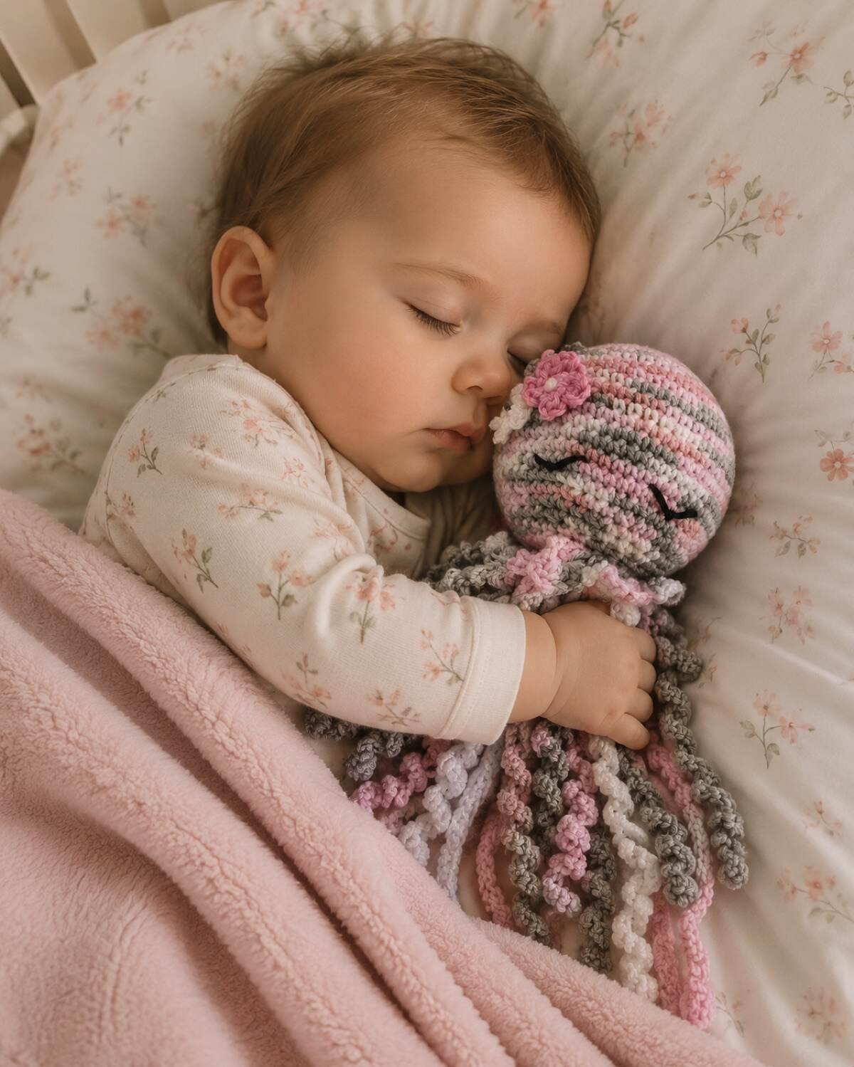 Rose and grey sleeping octopus shown cuddled