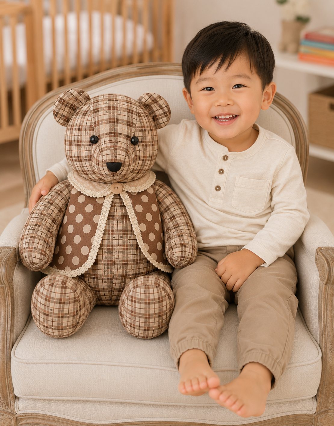 Brown Spots memory bear in brown check with a spotted waistcoat, sitting in an armchair beside a smiling toddler