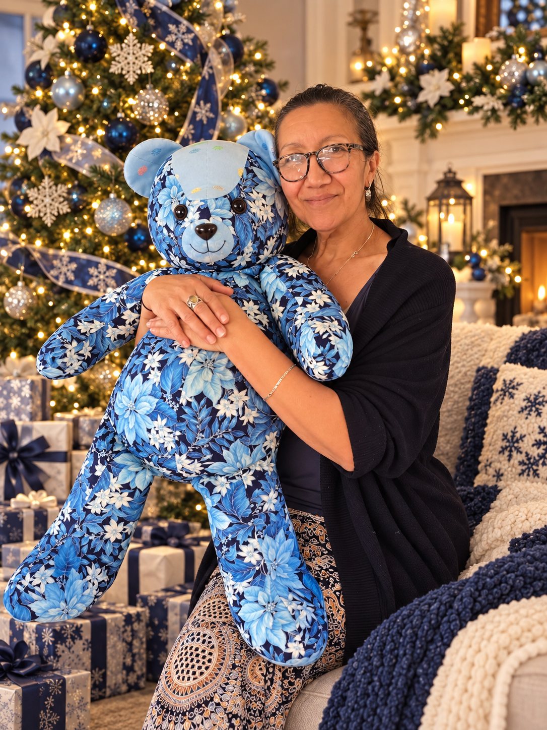 Tia holding her 30 inch memory bear in blue floral fabric beside a blue and silver Christmas tree