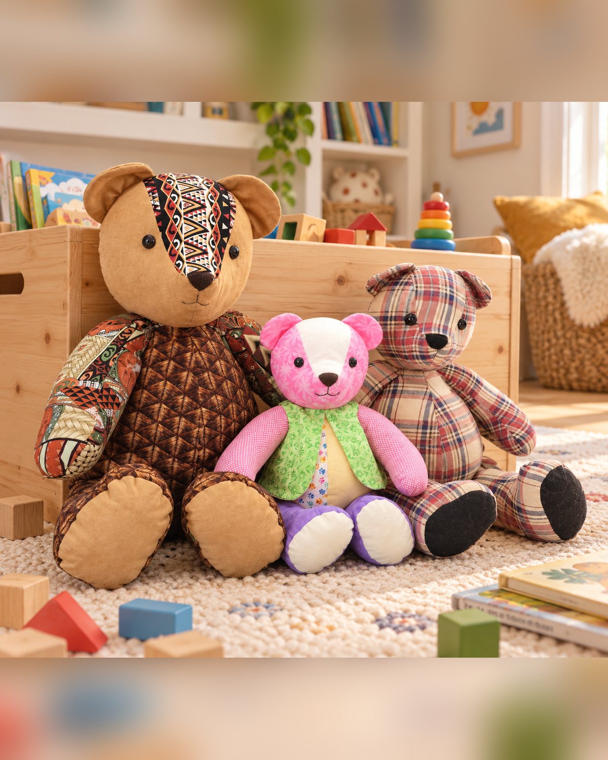 Three memory bears in front of a wooden toy box: a large brown bear, a small pink bear and a medium tartan bear