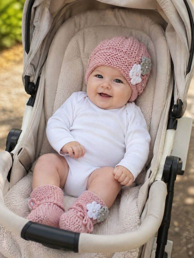 Dusky Rose Beanie and Booties Set shown worn