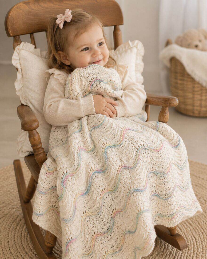A baby wrapped in one of Karen's hand crocheted blankets