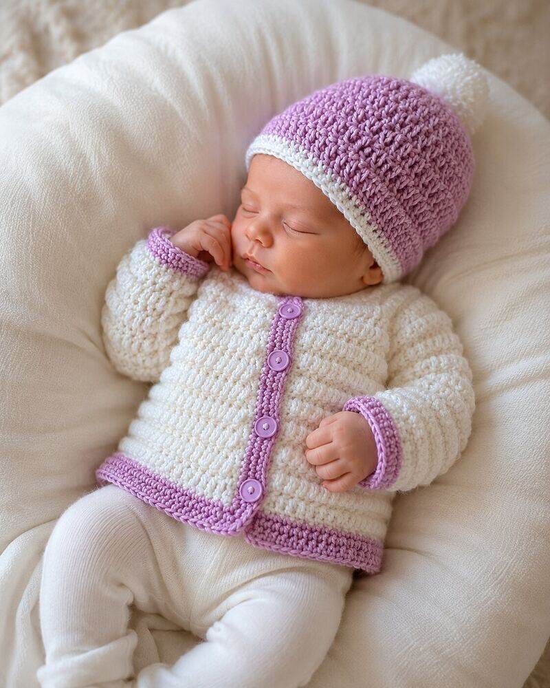 White and Mauve Crochet Cardigan Beanie Set shown worn