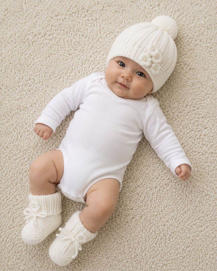 A baby in a hand knitted beanie and booties set