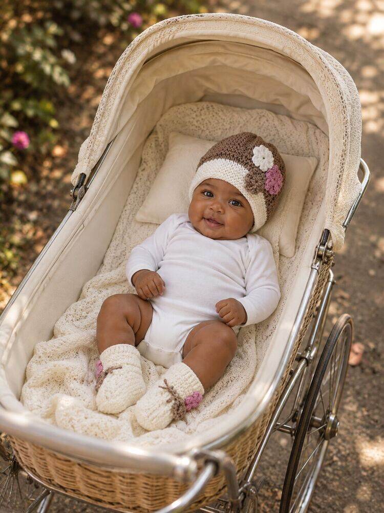 Taupe and Cream Beanie Booties Set shown worn