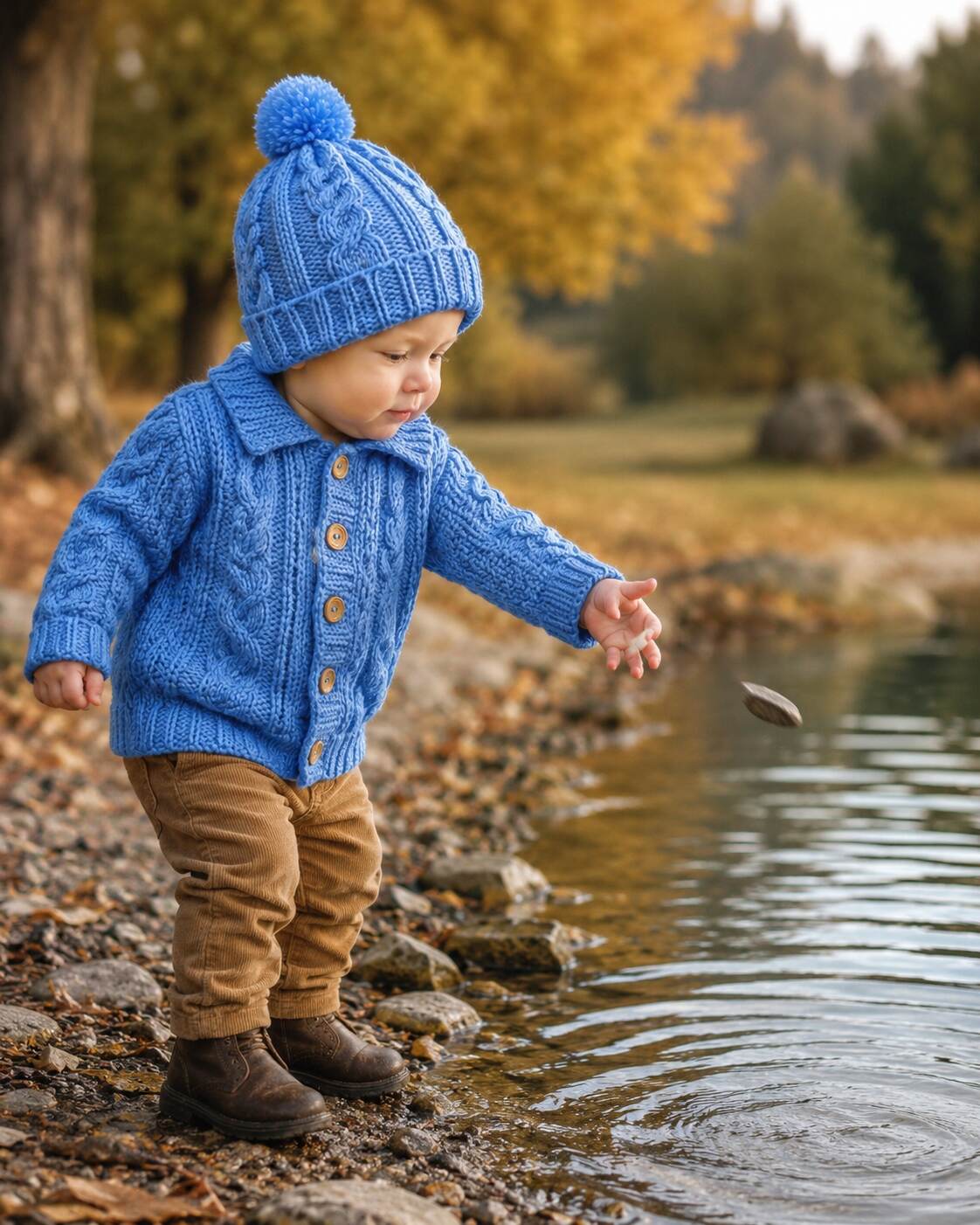 Blue Cabled Cardigan and Beanie shown worn