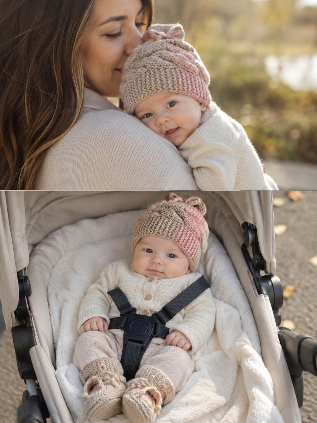 Blush Oatmeal Cable Beanie Booties shown worn