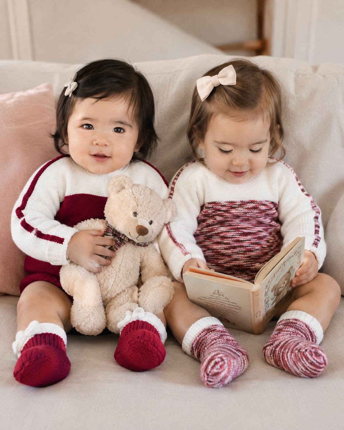 Cream and Burgundy Jumper and Booties shown worn