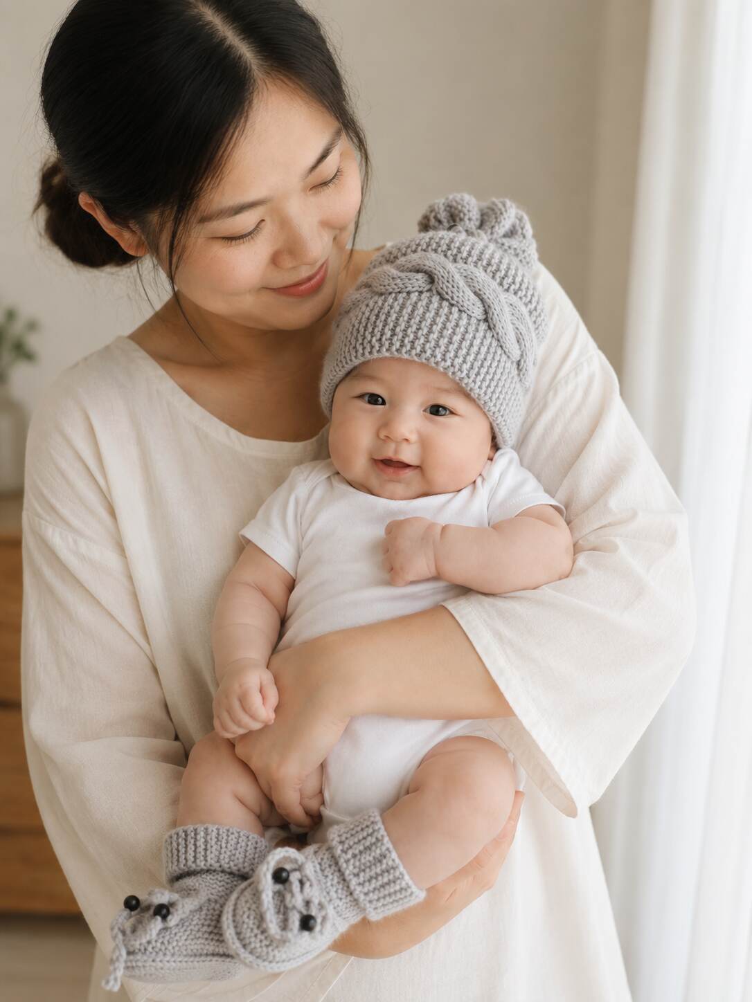 Oatmeal Beanie and Booties Set shown worn