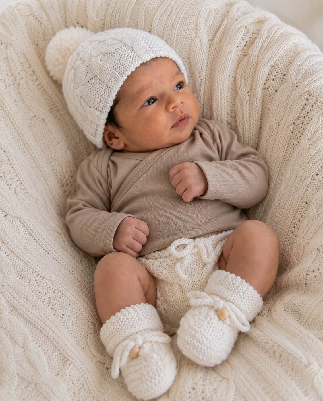 Ivory Beanie and Booties Set shown worn