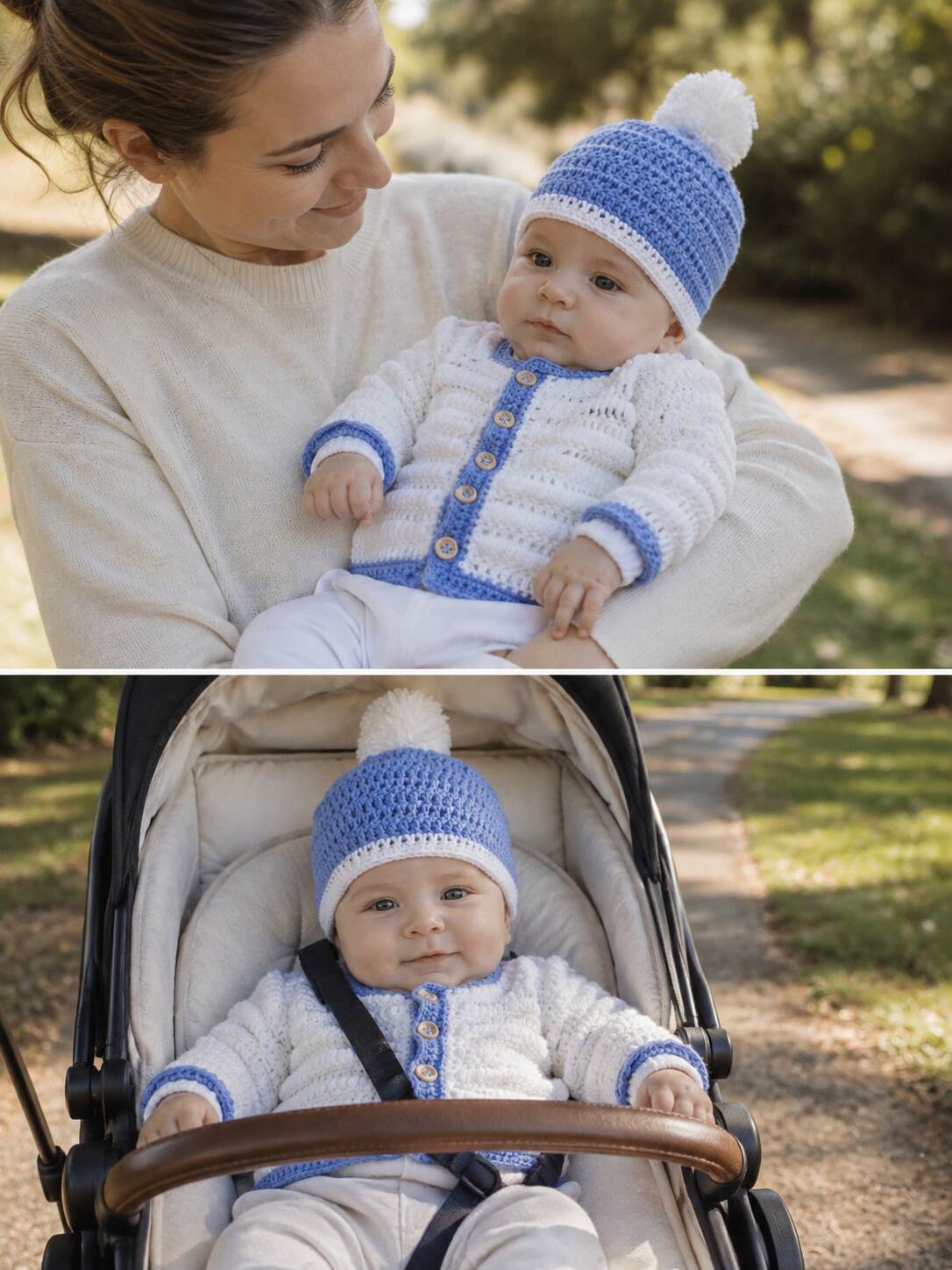 Crochet White and Blue Cardigan Beanie Set shown worn