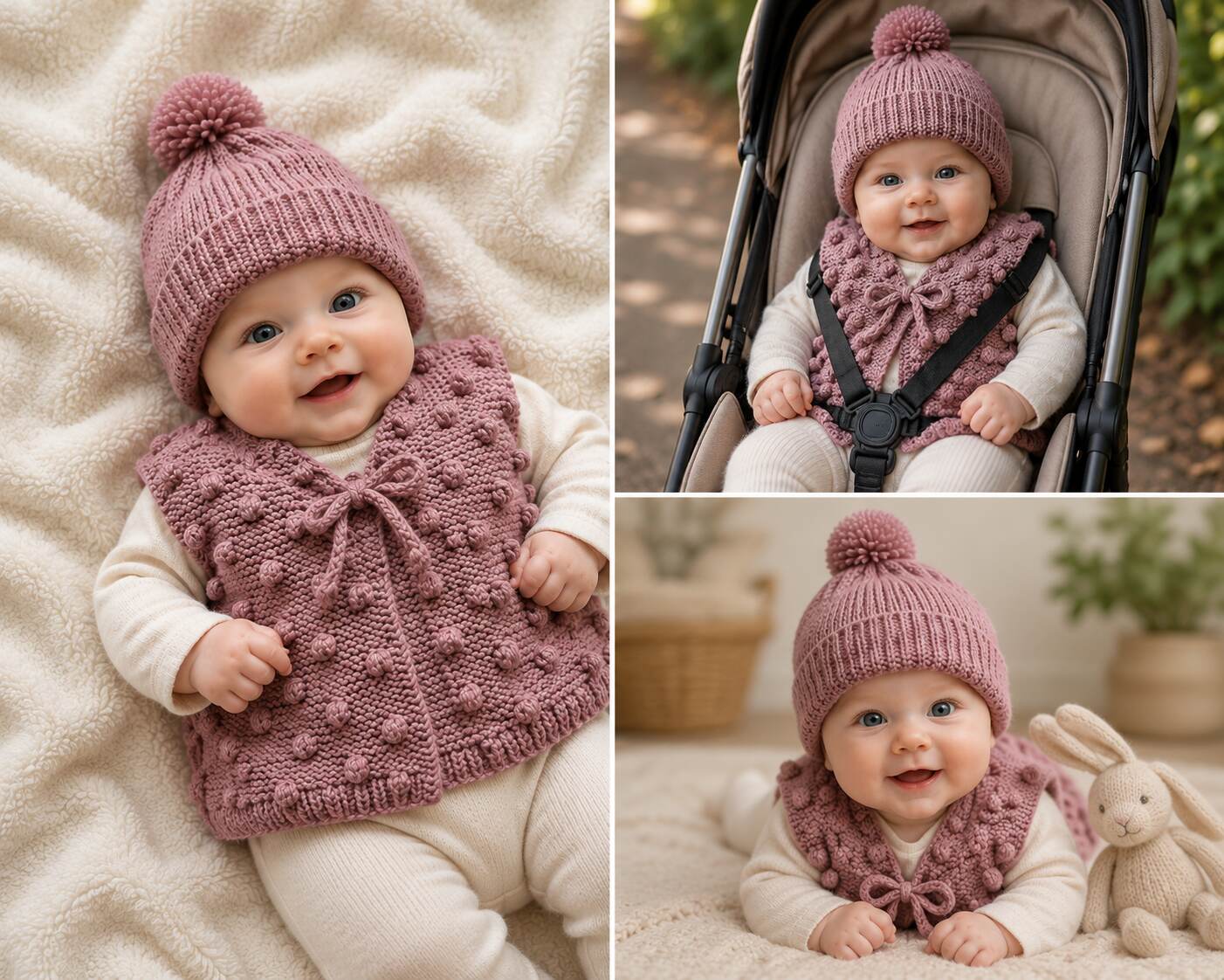 Dusky Rose Vest and Beanie shown worn