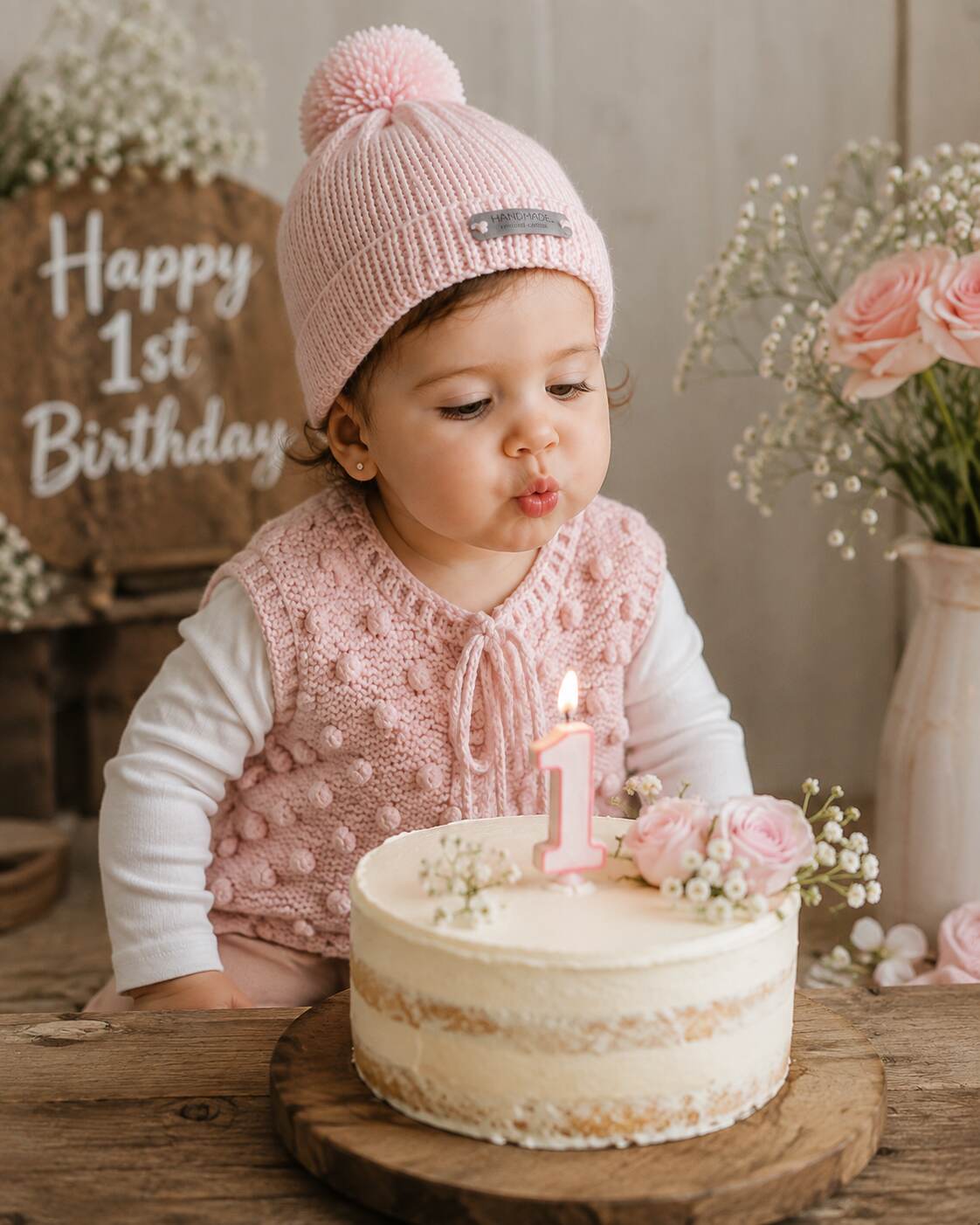Pale Dusky Rose Vest and Beanie shown worn